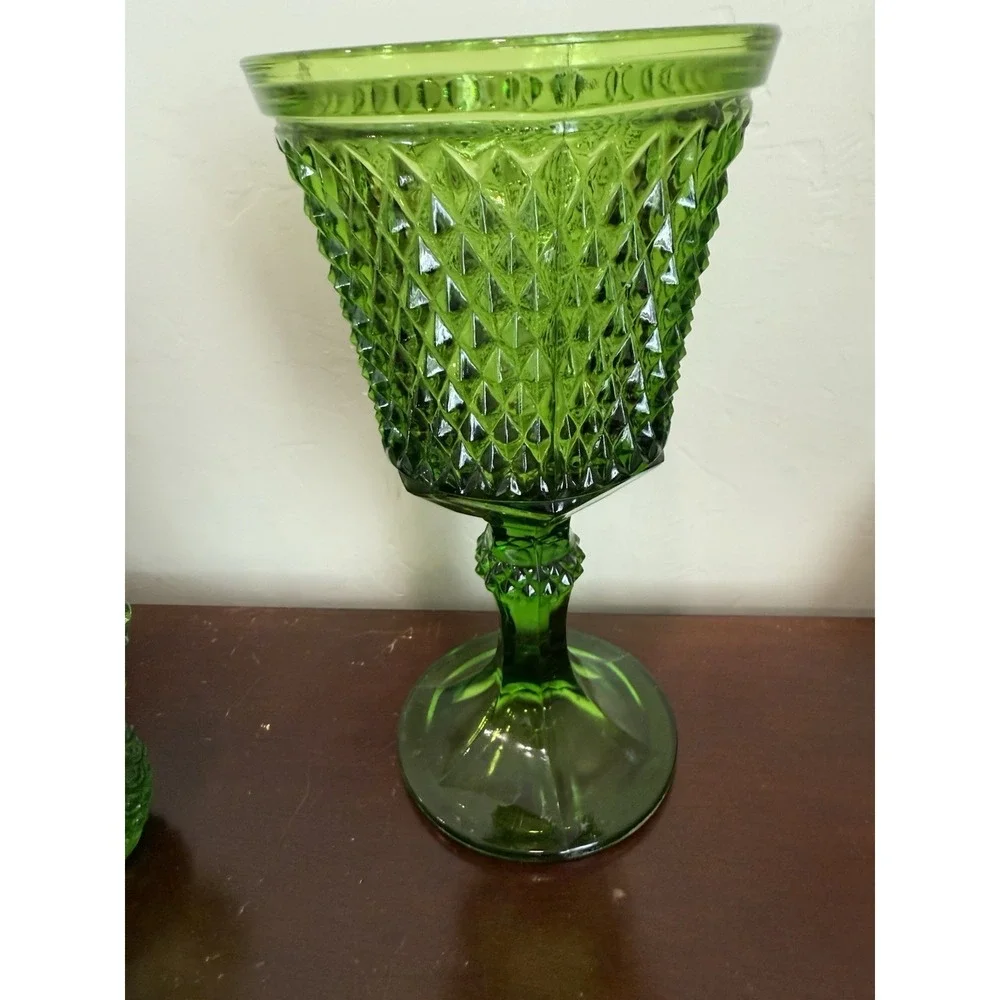 Lot Of 3 VTG Diamond‎ Point Green Pedestal Compote Vase w/ 2 Candleholders